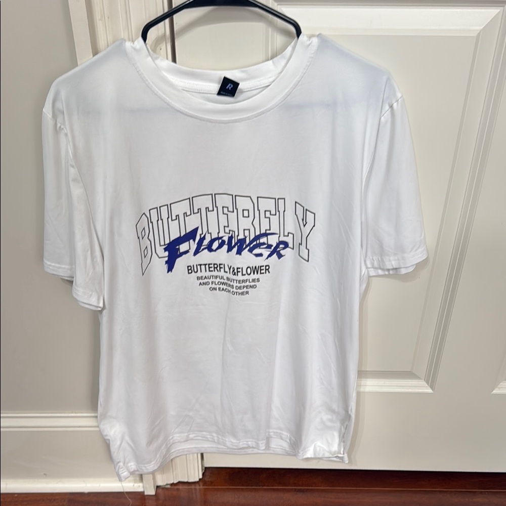 White T-Shirt with Blue Butterfly Print